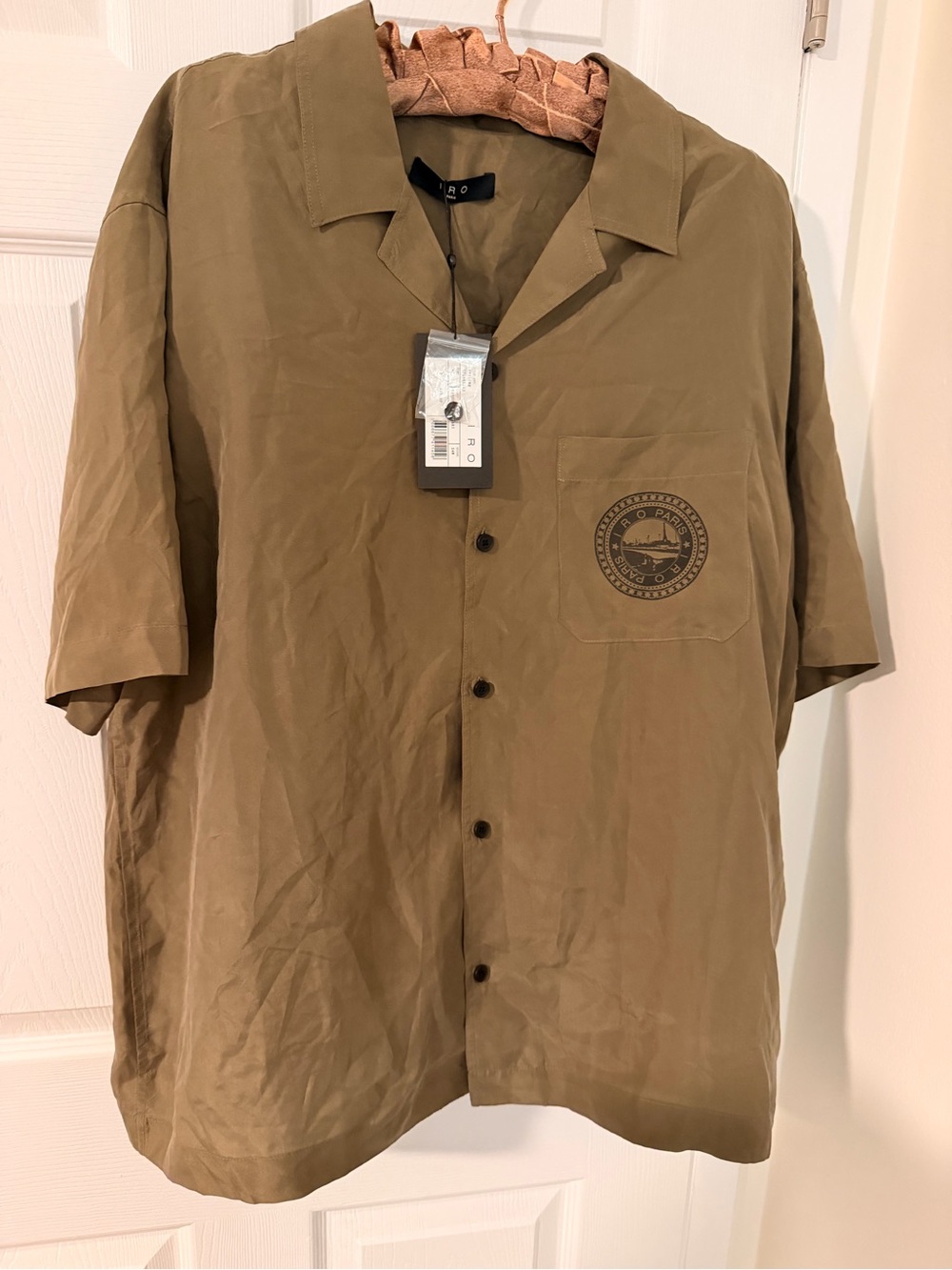 IRO Paris Men 100% Silk Khaki Short-Sleeve Camp Collar Button-Down Shirt